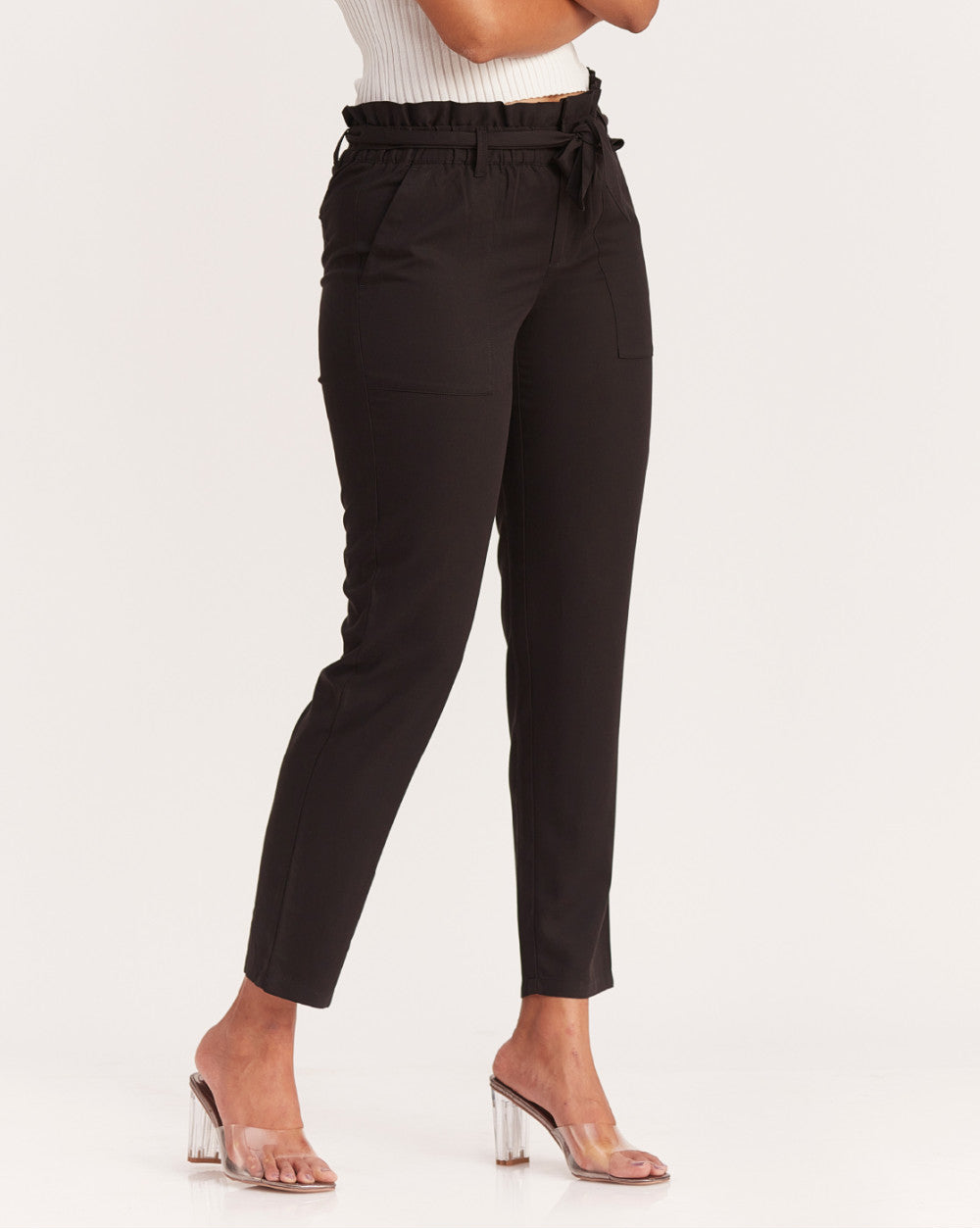 Tapered Fit Paperbag Drapey Pants With Tie-Up - Jet Black