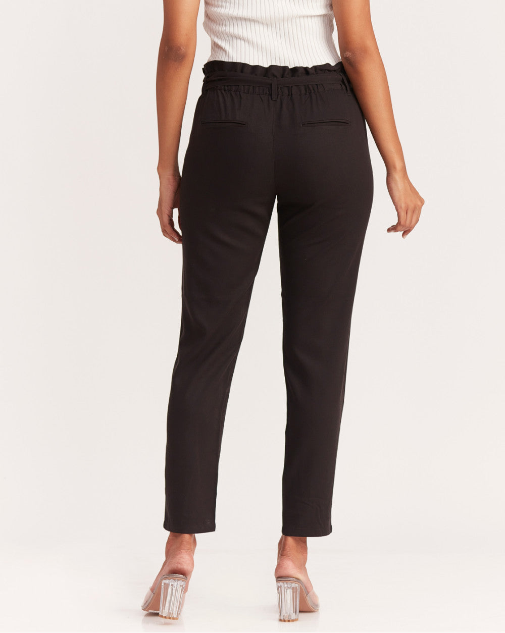 Tapered Fit Paperbag Drapey Pants With Tie-Up - Jet Black