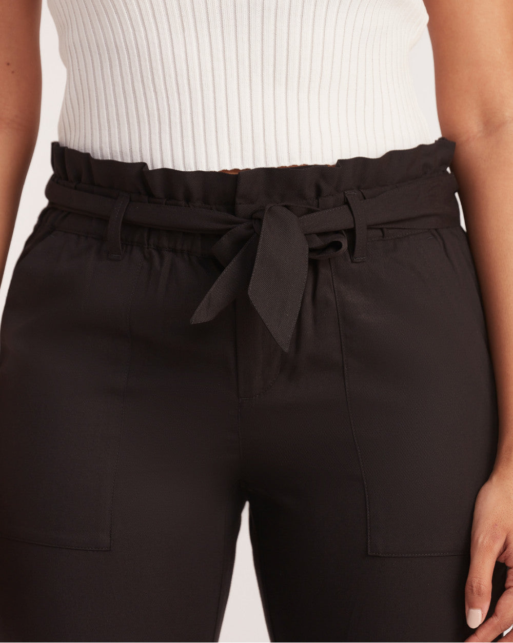 Tapered Fit Paperbag Drapey Pants With Tie-Up - Jet Black