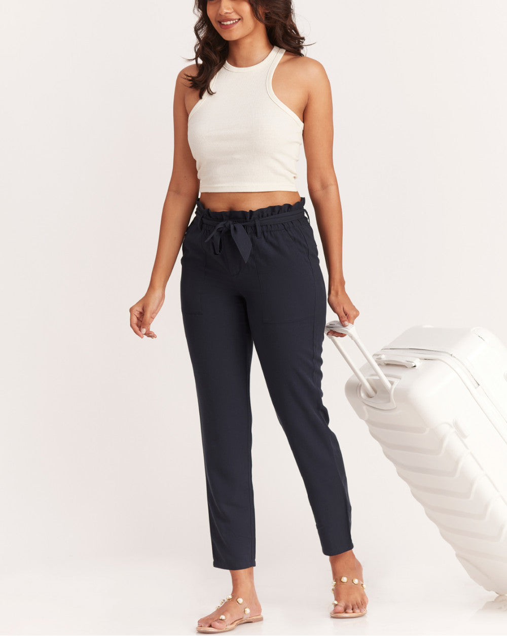 Tapered Fit Paperbag Drapey Pants With Tie-Up - Navy