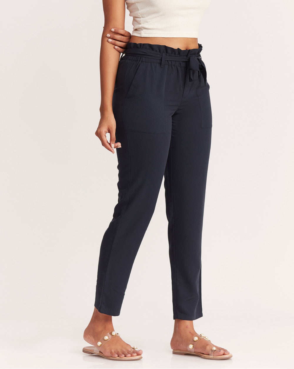 Tapered Fit Paperbag Drapey Pants With Tie-Up - Navy