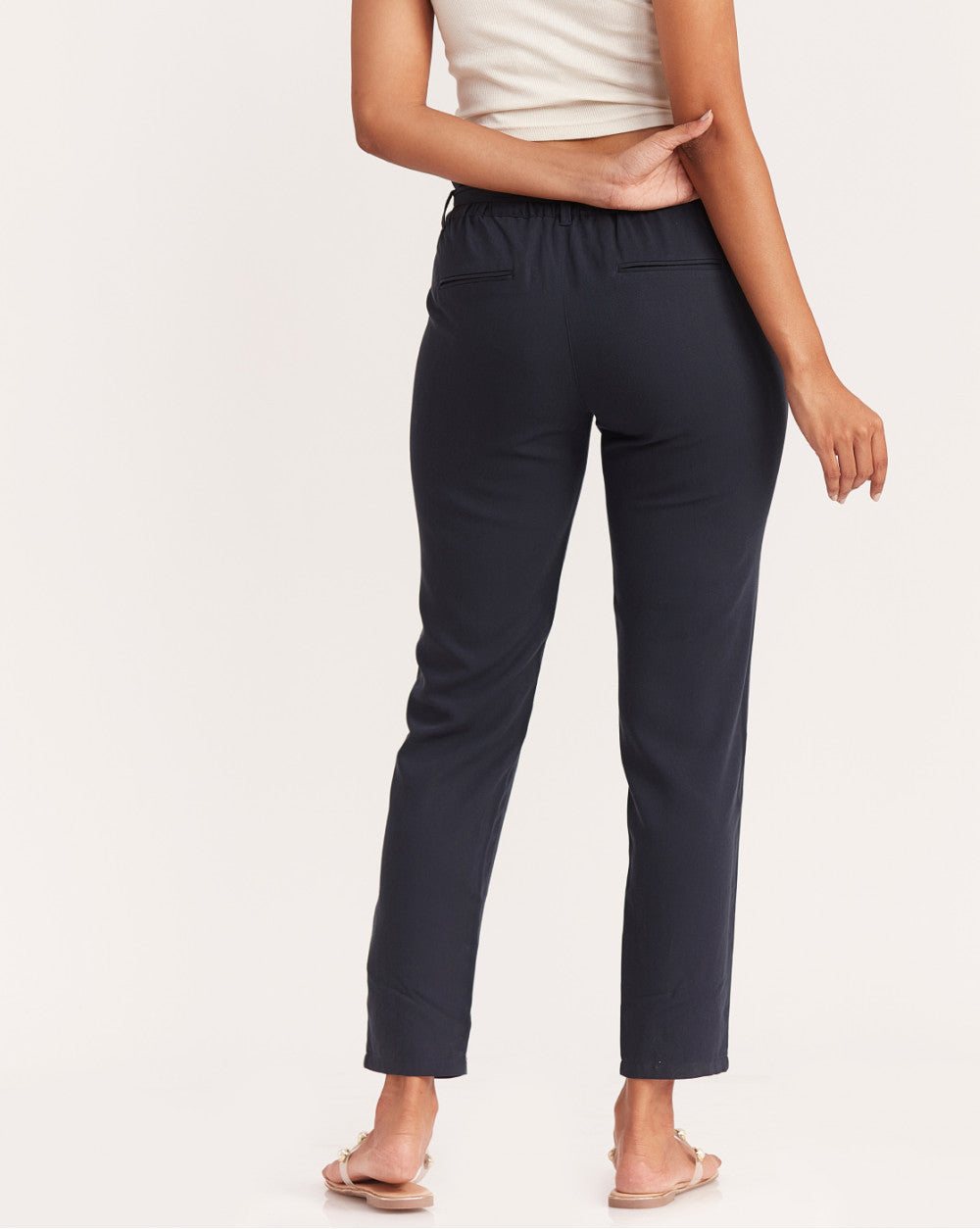 Tapered Fit Paperbag Drapey Pants With Tie-Up - Navy
