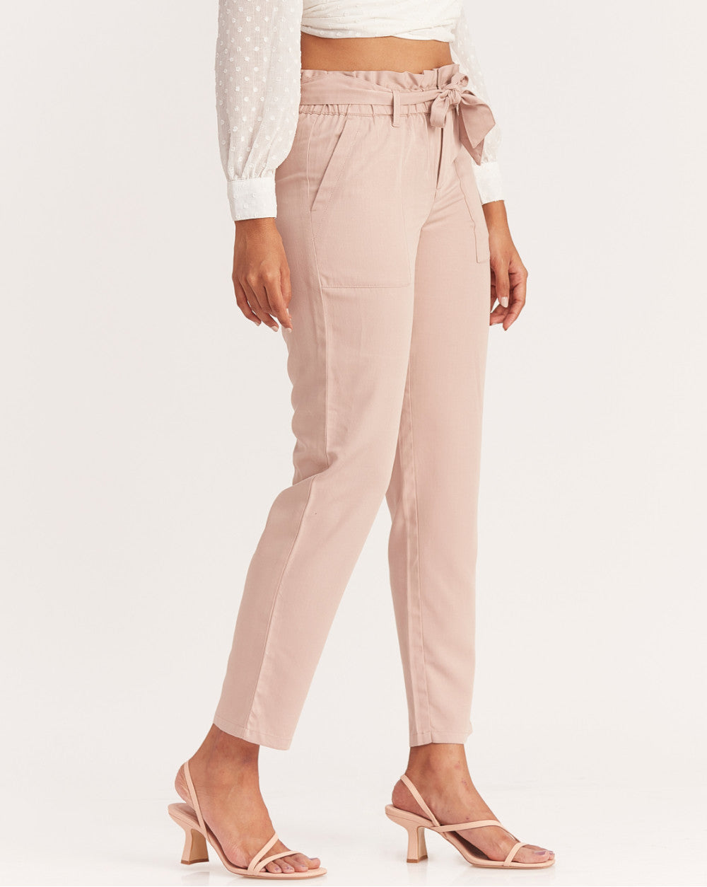 Tapered Fit Paperbag Drapey Pants With Tie-Up - Rose Pink