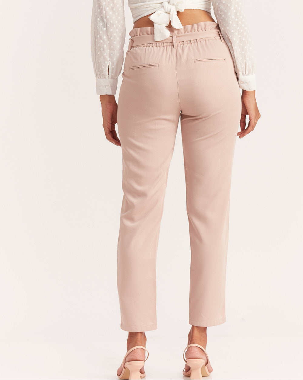 Tapered Fit Paperbag Drapey Pants With Tie-Up - Rose Pink