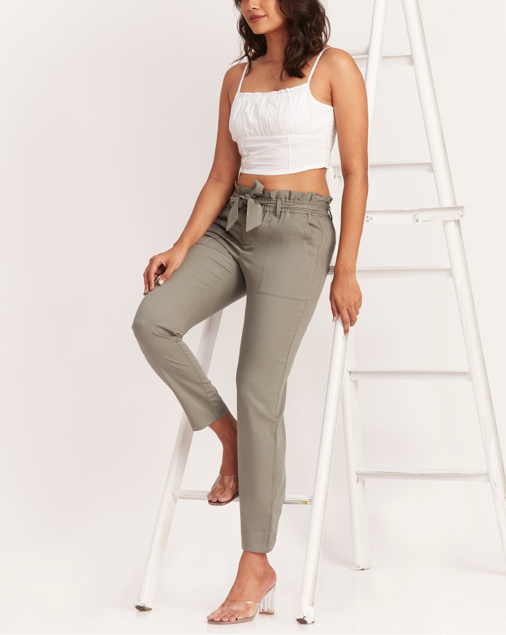 Tapered Fit Paperbag Drapey Pants With Tie-Up - Sage Green