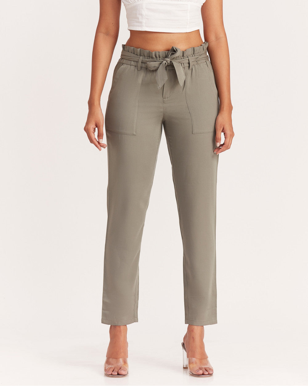Tapered Fit Paperbag Drapey Pants With Tie-Up - Sage Green