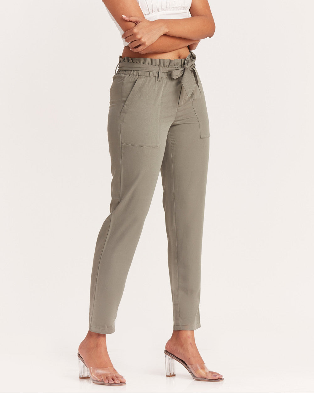 Tapered Fit Paperbag Drapey Pants With Tie-Up - Sage Green