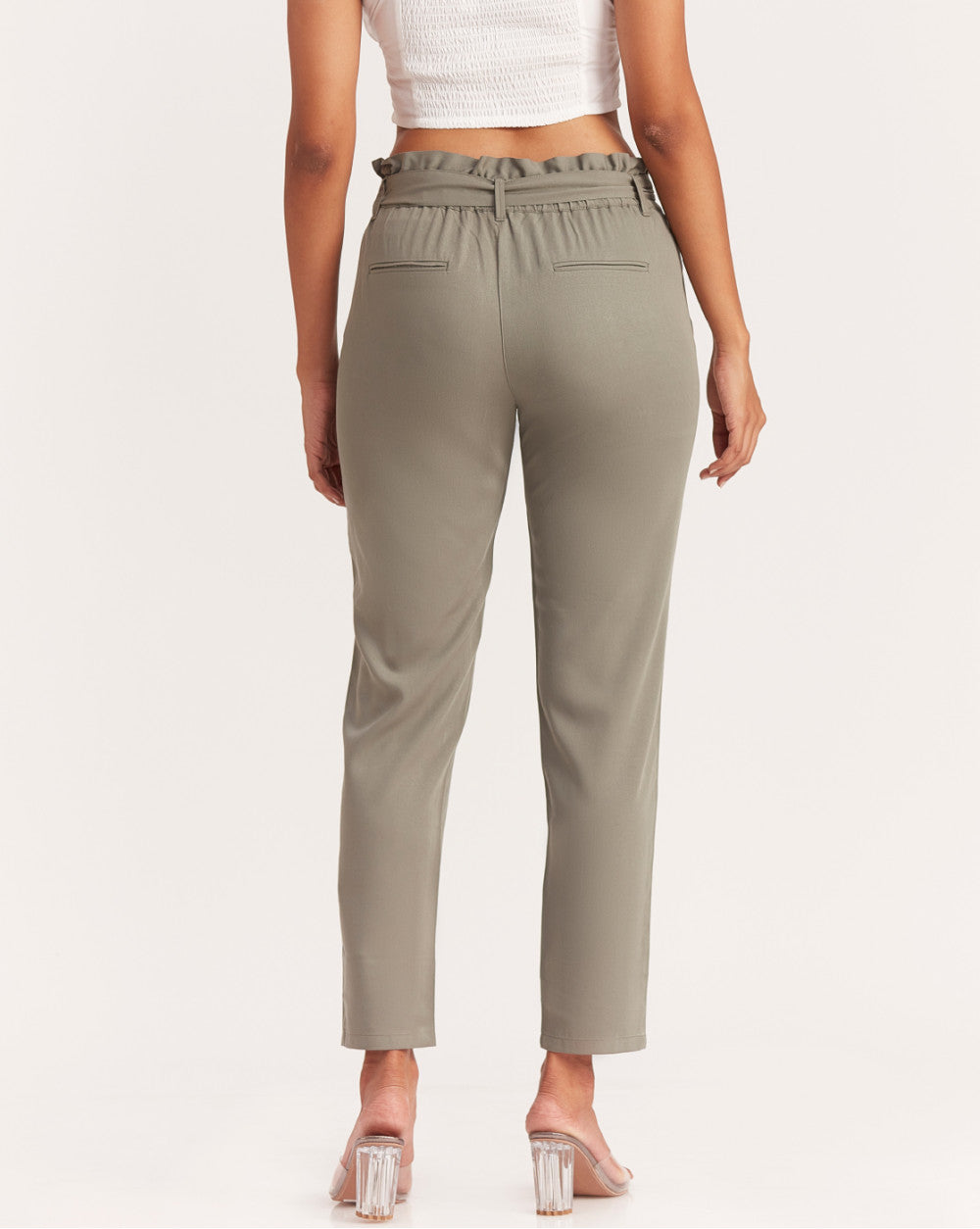 Tapered Fit Paperbag Drapey Pants With Tie-Up - Sage Green