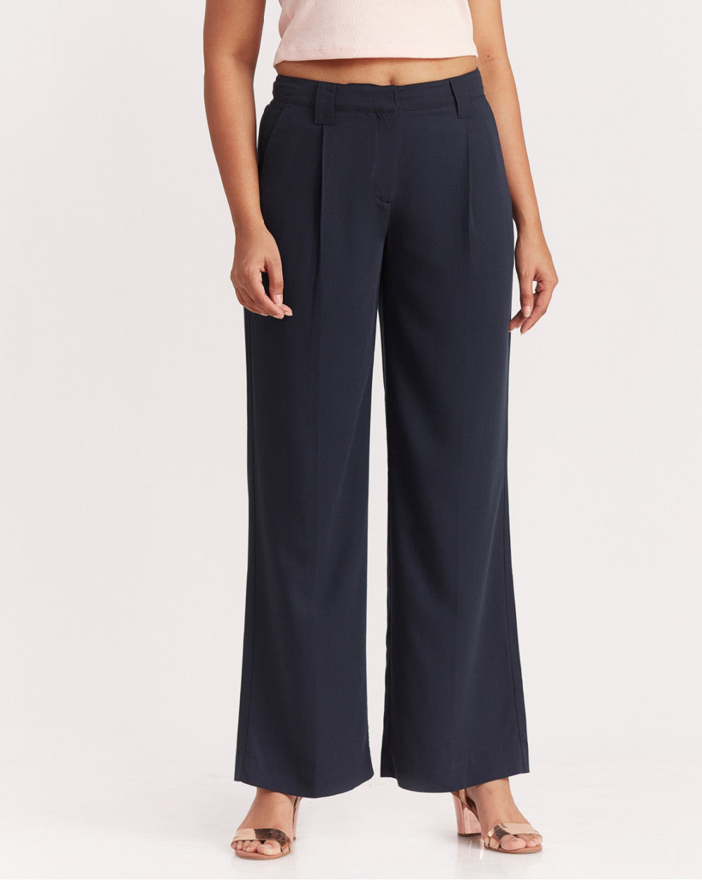 Wide Leg Drapey Pleated Pants - Navy