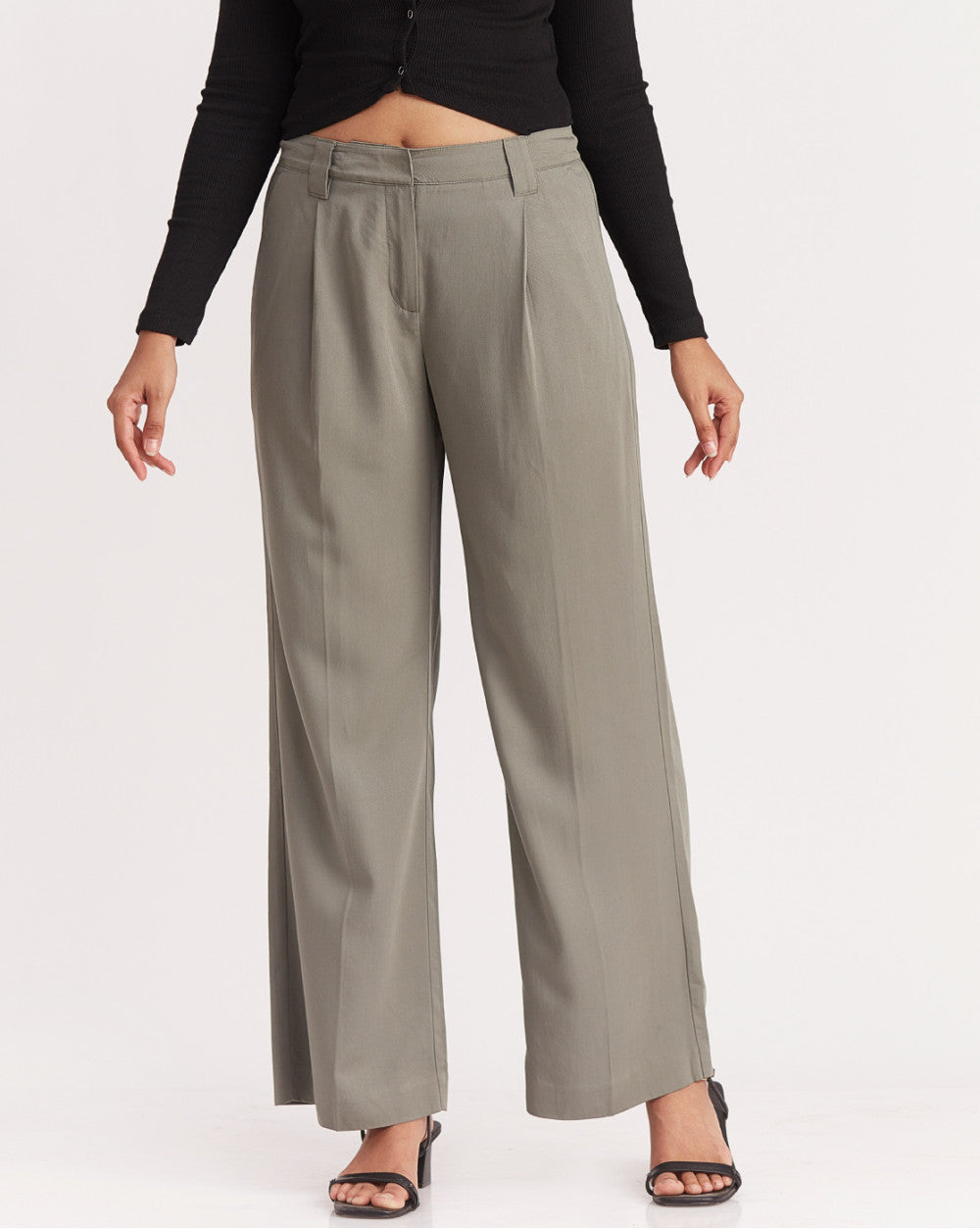 Wide Leg Drapey Pleated Pants - Sage Green