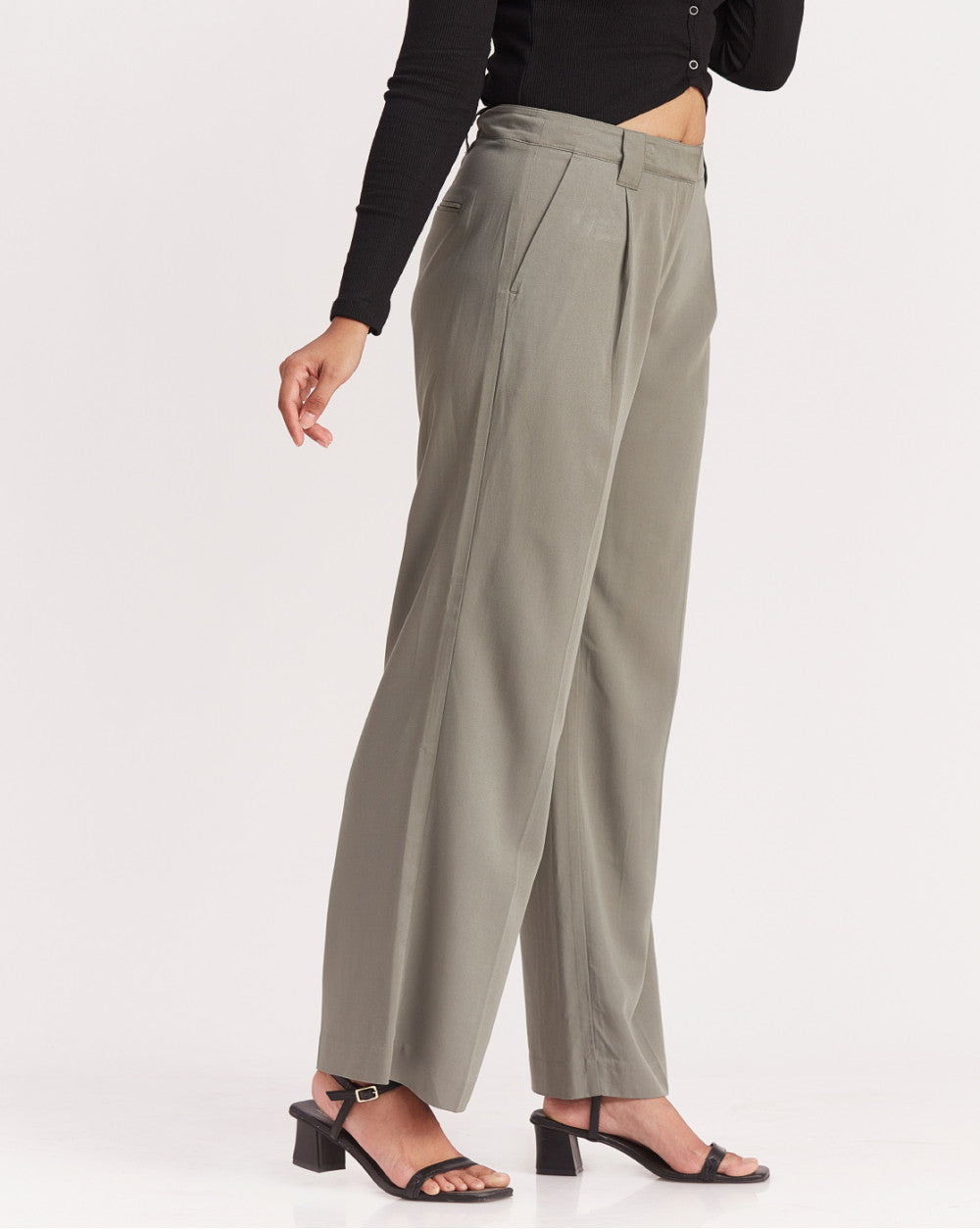 Wide Leg Drapey Pleated Pants - Sage Green