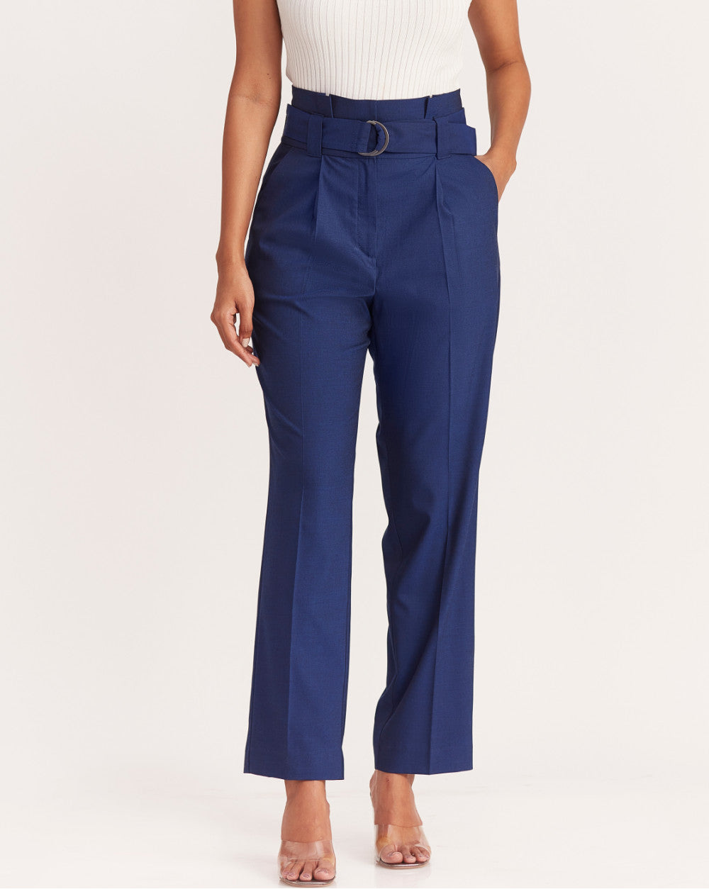 Straight Fit High Waist Pleated Paperbag Trousers - Midnight Blue