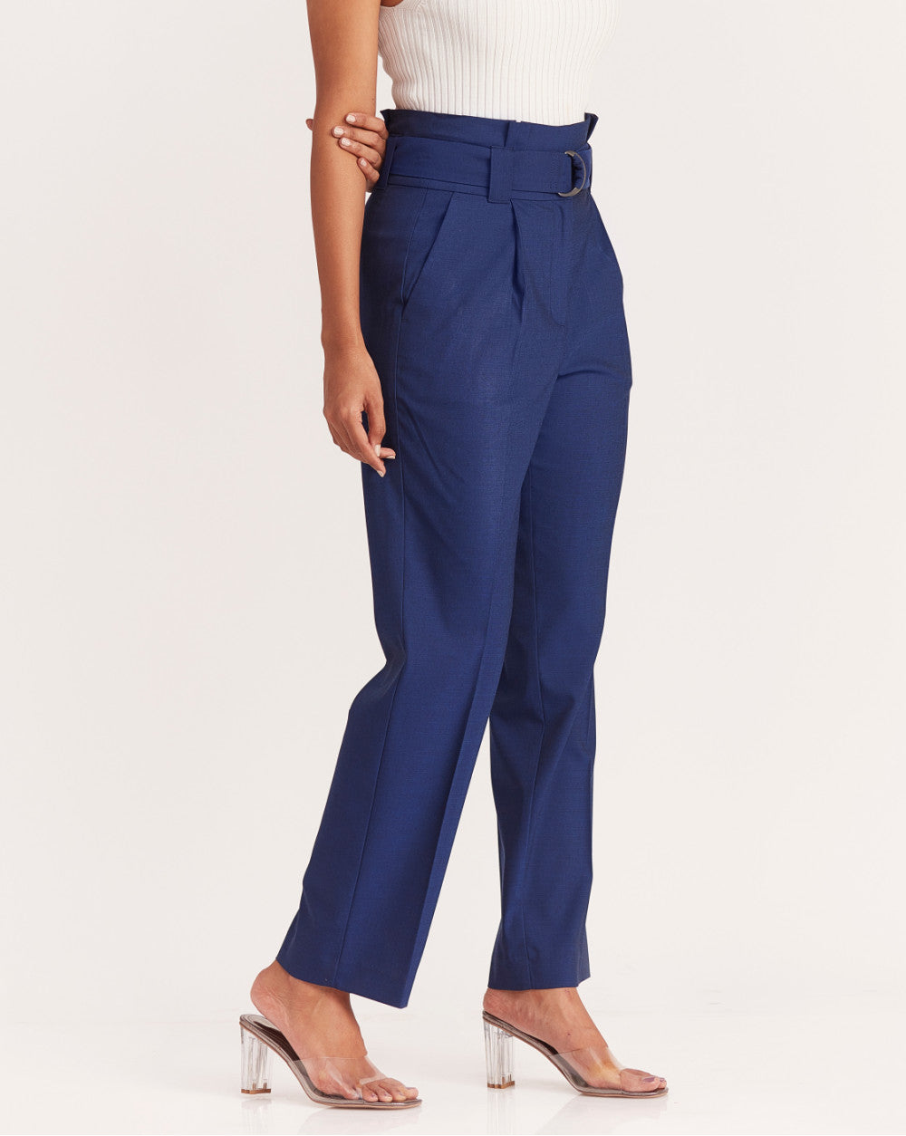 Straight Fit High Waist Pleated Paperbag Trousers - Midnight Blue