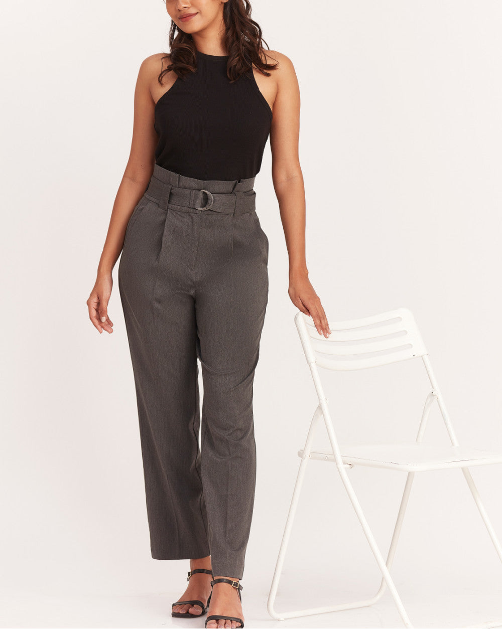 Straight Fit High Waist Pleated Paperbag Trousers - Grey