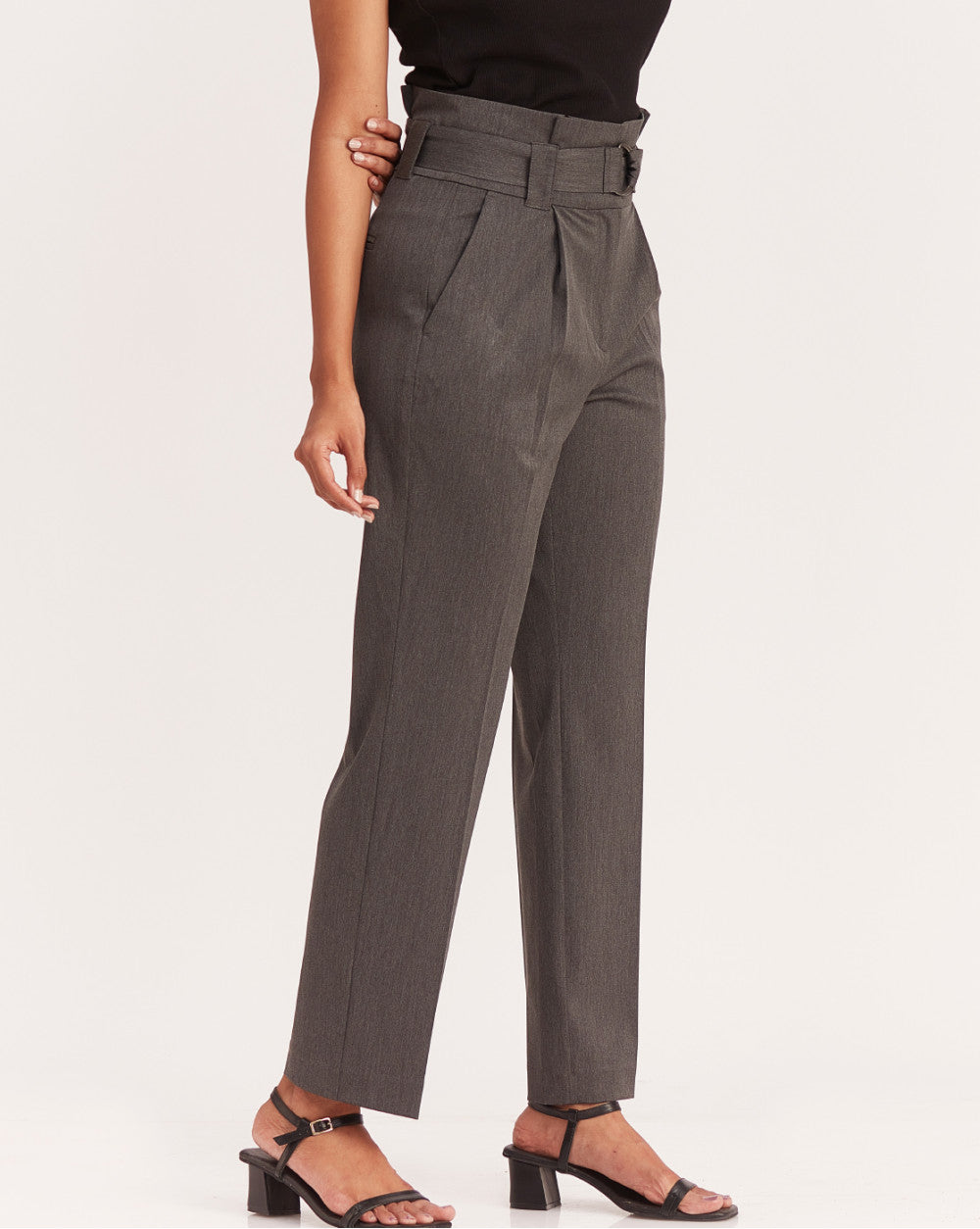 Straight Fit High Waist Pleated Paperbag Trousers - Grey