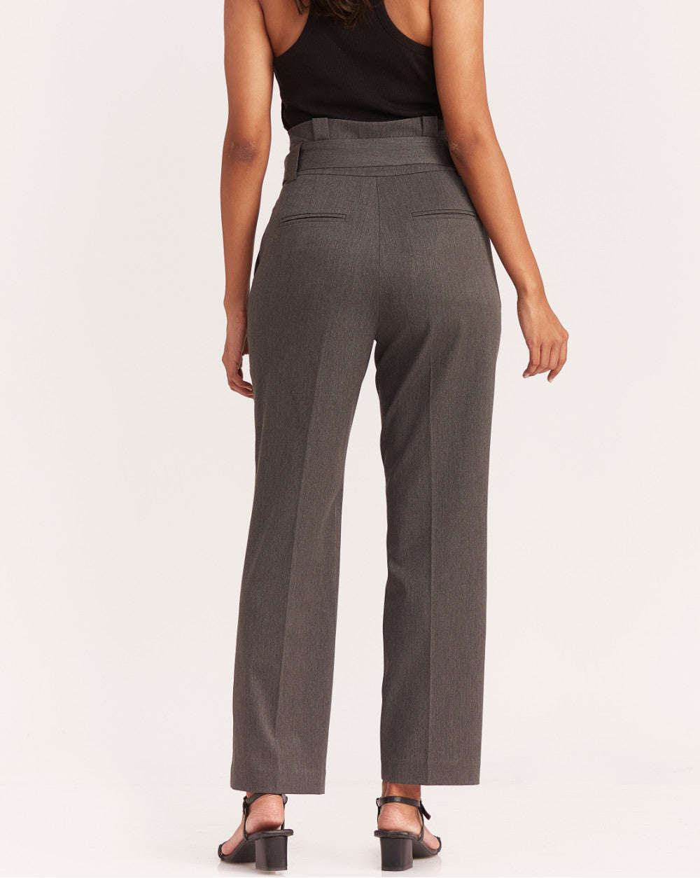 Straight Fit High Waist Pleated Paperbag Trousers - Grey