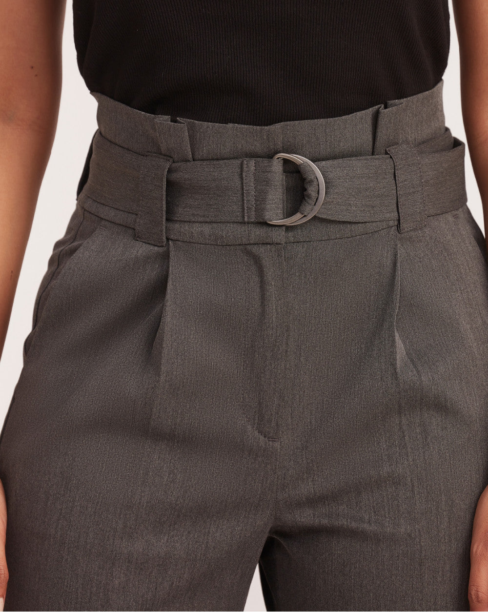 Straight Fit High Waist Pleated Paperbag Trousers - Grey