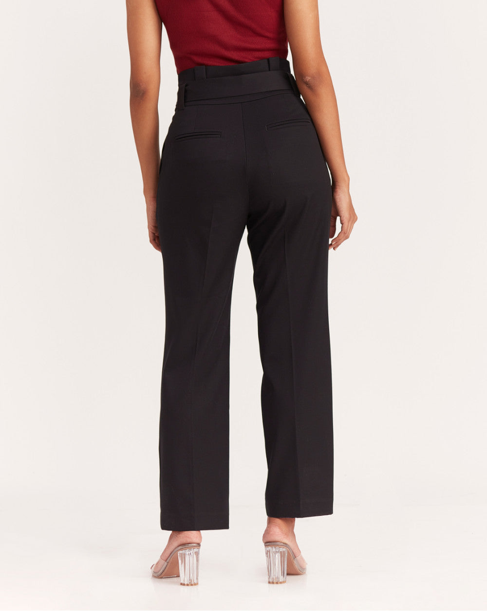 Straight Fit High Waist Pleated Paperbag Trousers - Jet Black