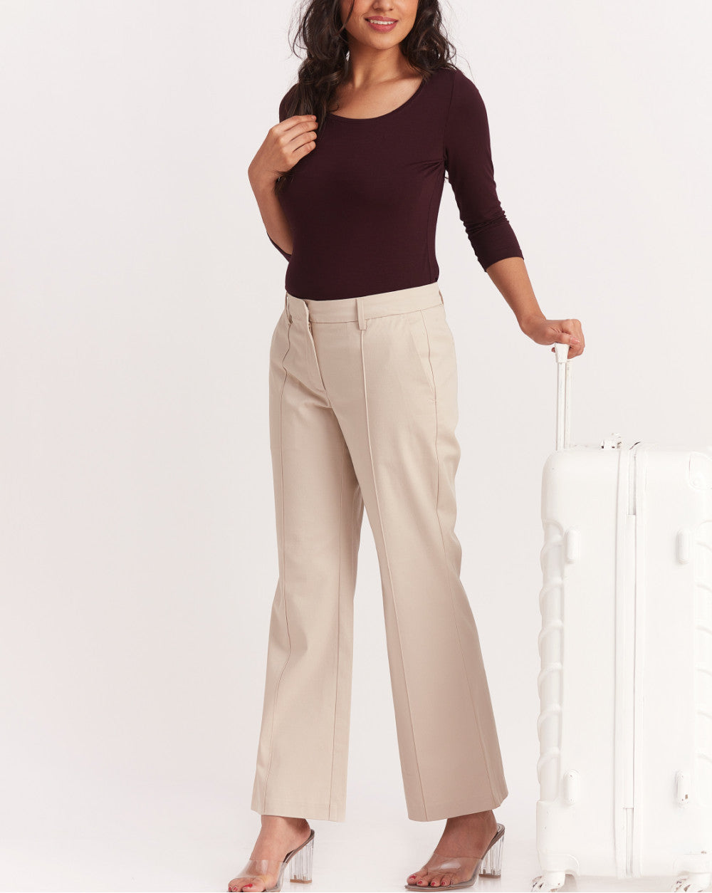 Fit And Flare Flare Mid Waist Smart Pants - Wheat