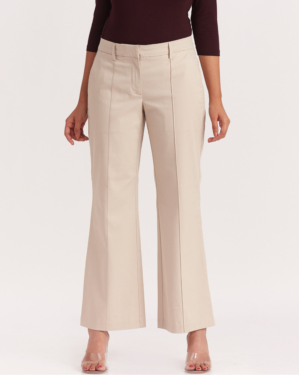 Fit And Flare Flare Mid Waist Smart Pants - Wheat