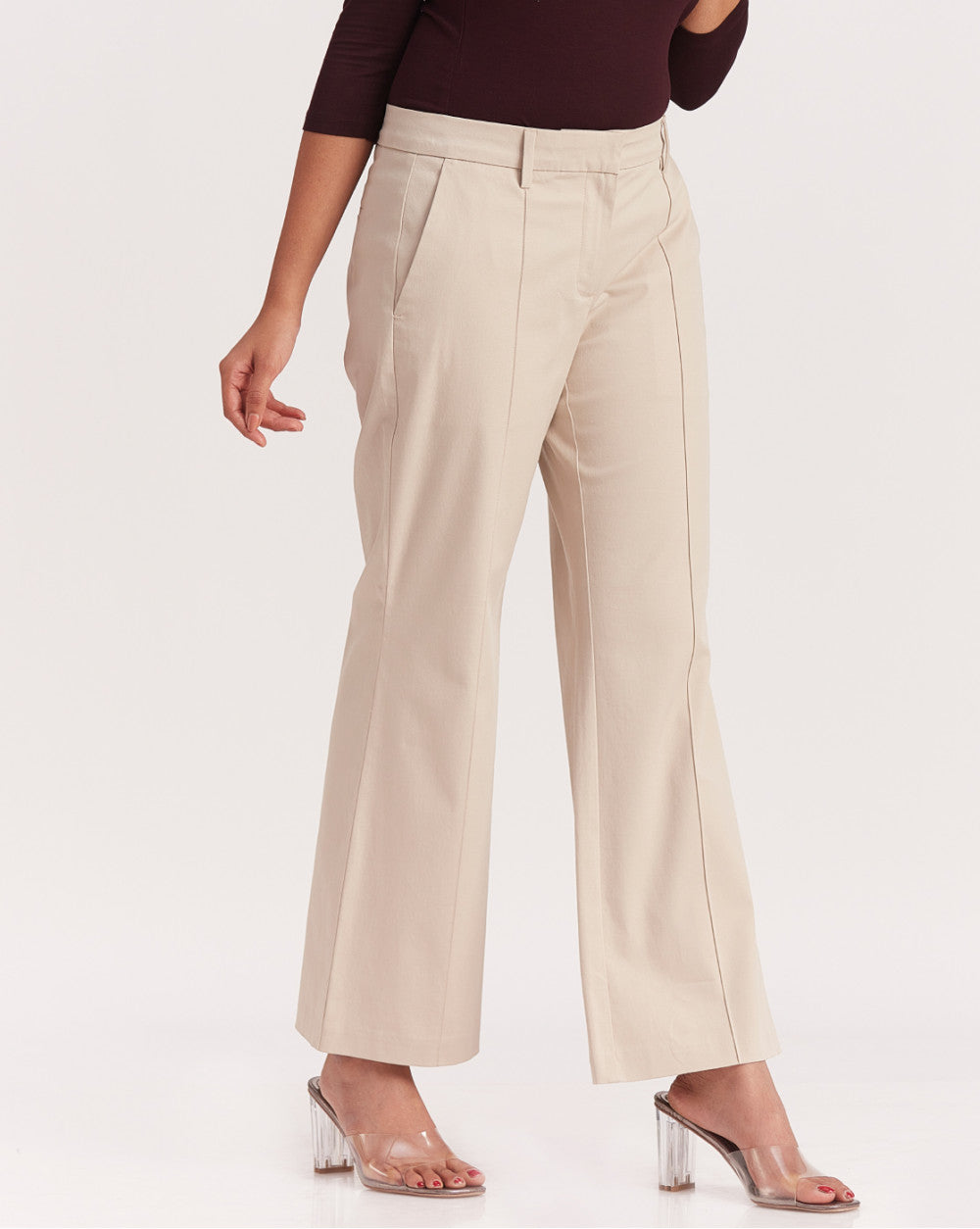 Fit And Flare Flare Mid Waist Smart Pants - Wheat
