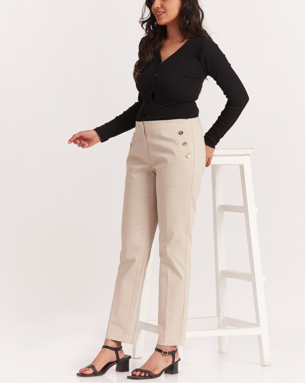 Tapered Fit Pants With Decorative Buttons - Wheat