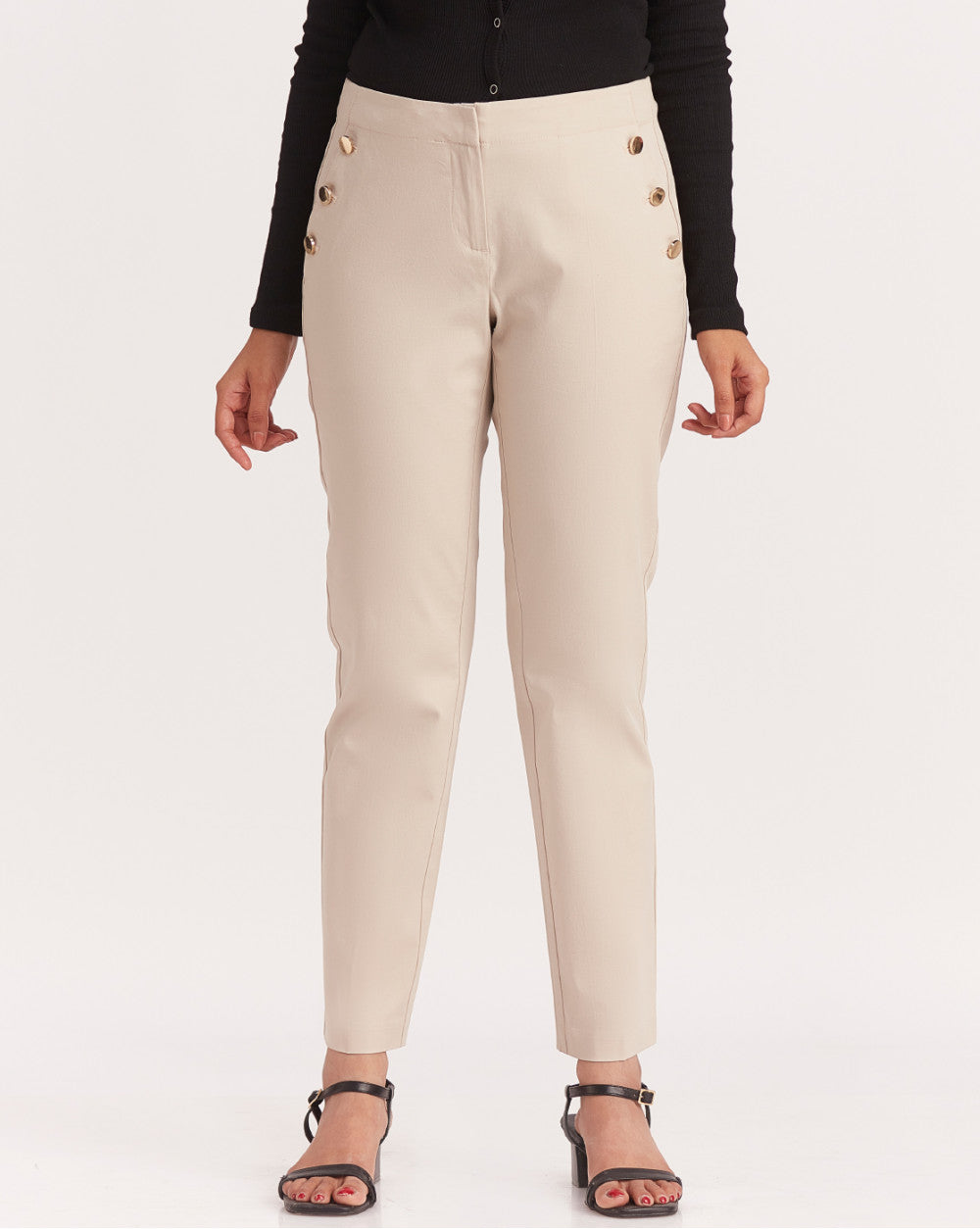 Tapered Fit Pants With Decorative Buttons - Wheat