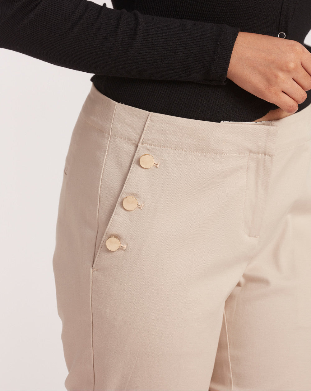 Tapered Fit Pants With Decorative Buttons - Wheat