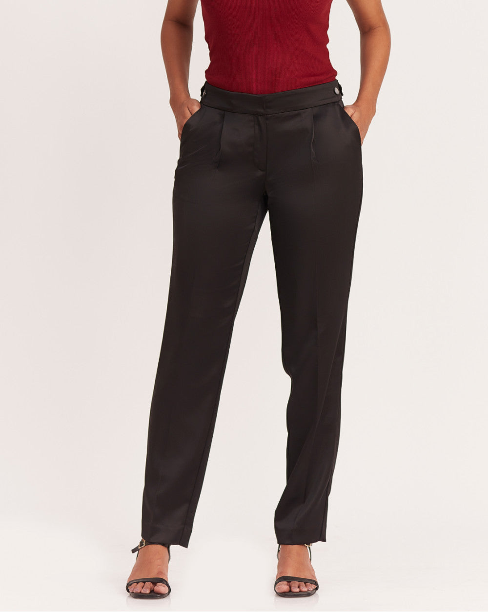 Tapered Fit Satin Smart Pants - Jet Black