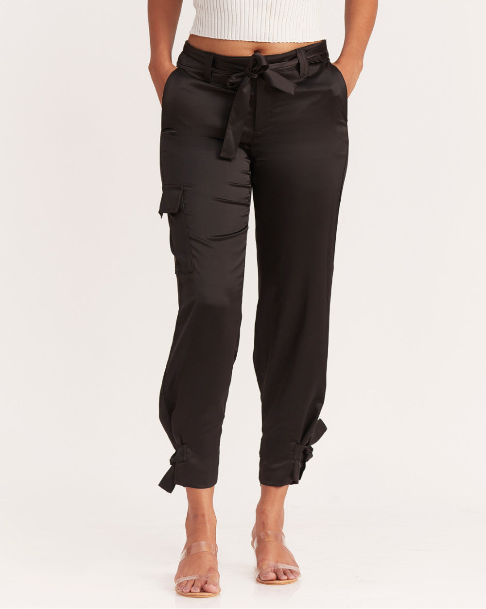 Straight Fit Satin Cargos - Jet Black