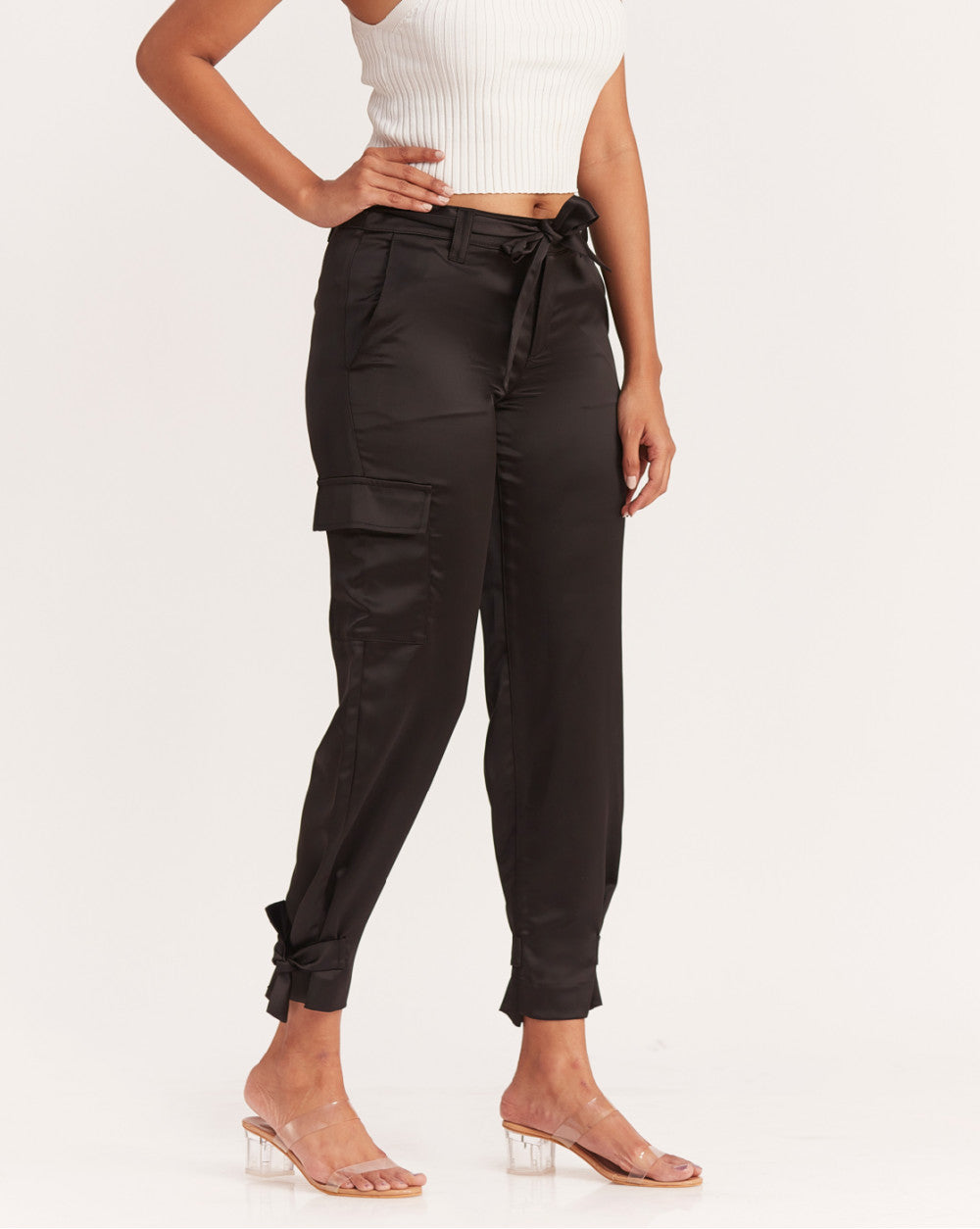 Straight Fit Satin Cargos - Jet Black