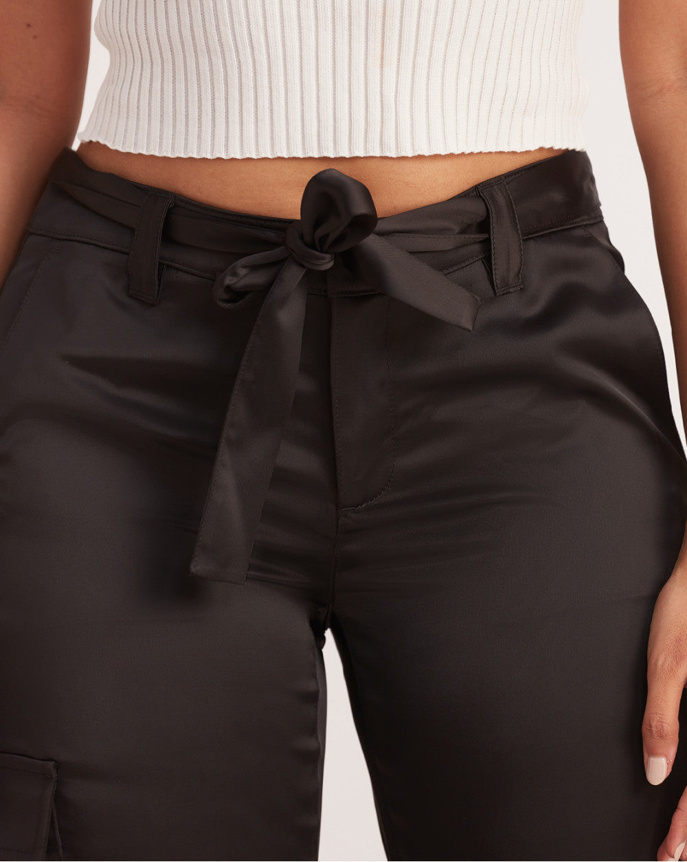 Straight Fit Satin Cargos - Jet Black