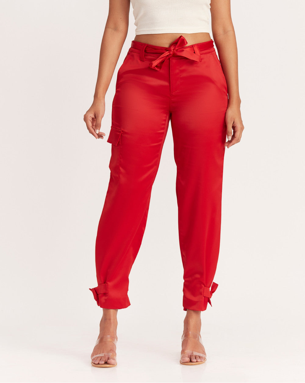 Straight Fit Satin Cargos - Red