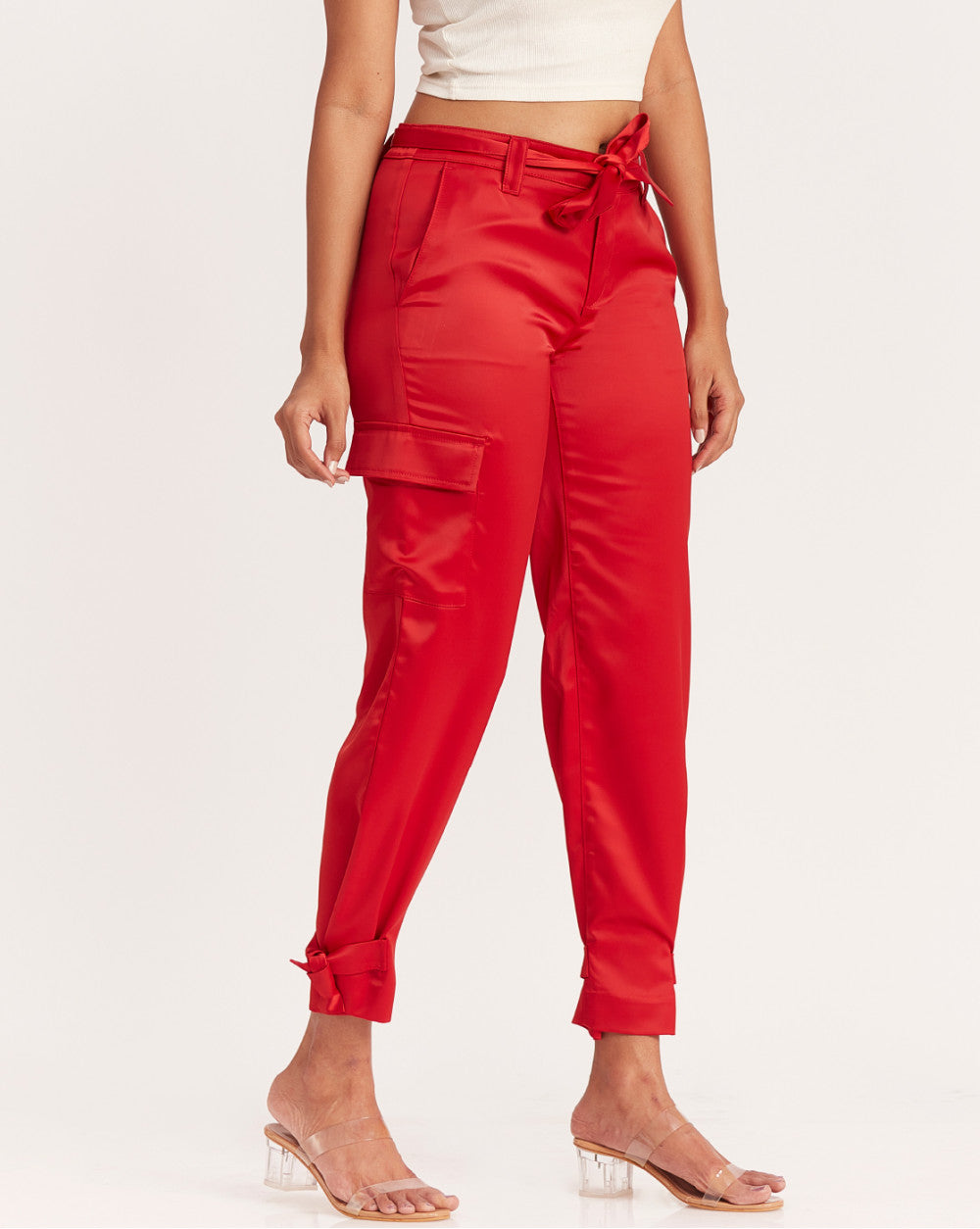 Straight Fit Satin Cargos - Red
