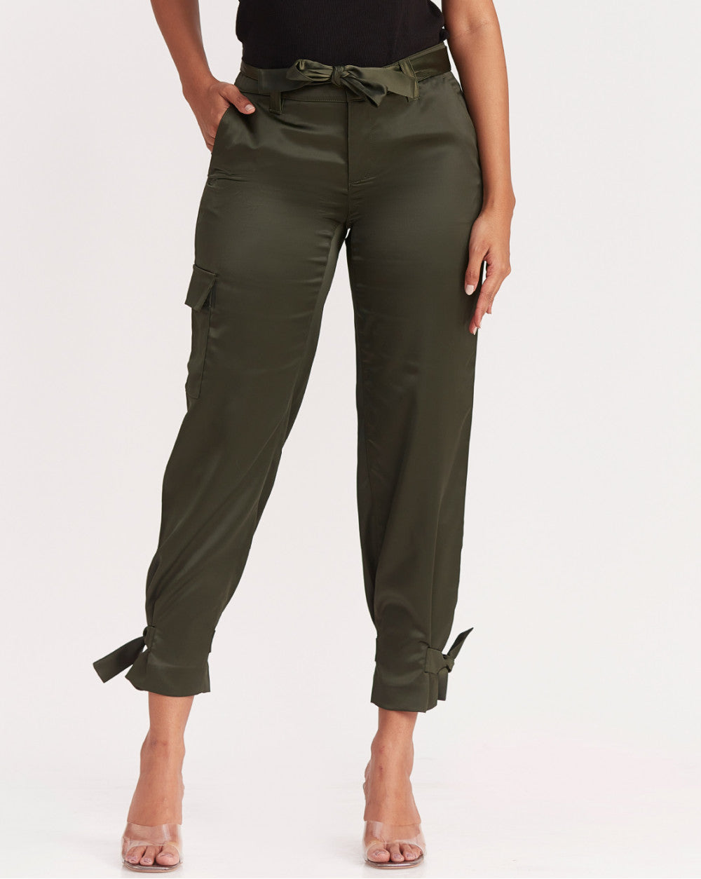 Straight Fit Satin Cargos - Seaweed Green