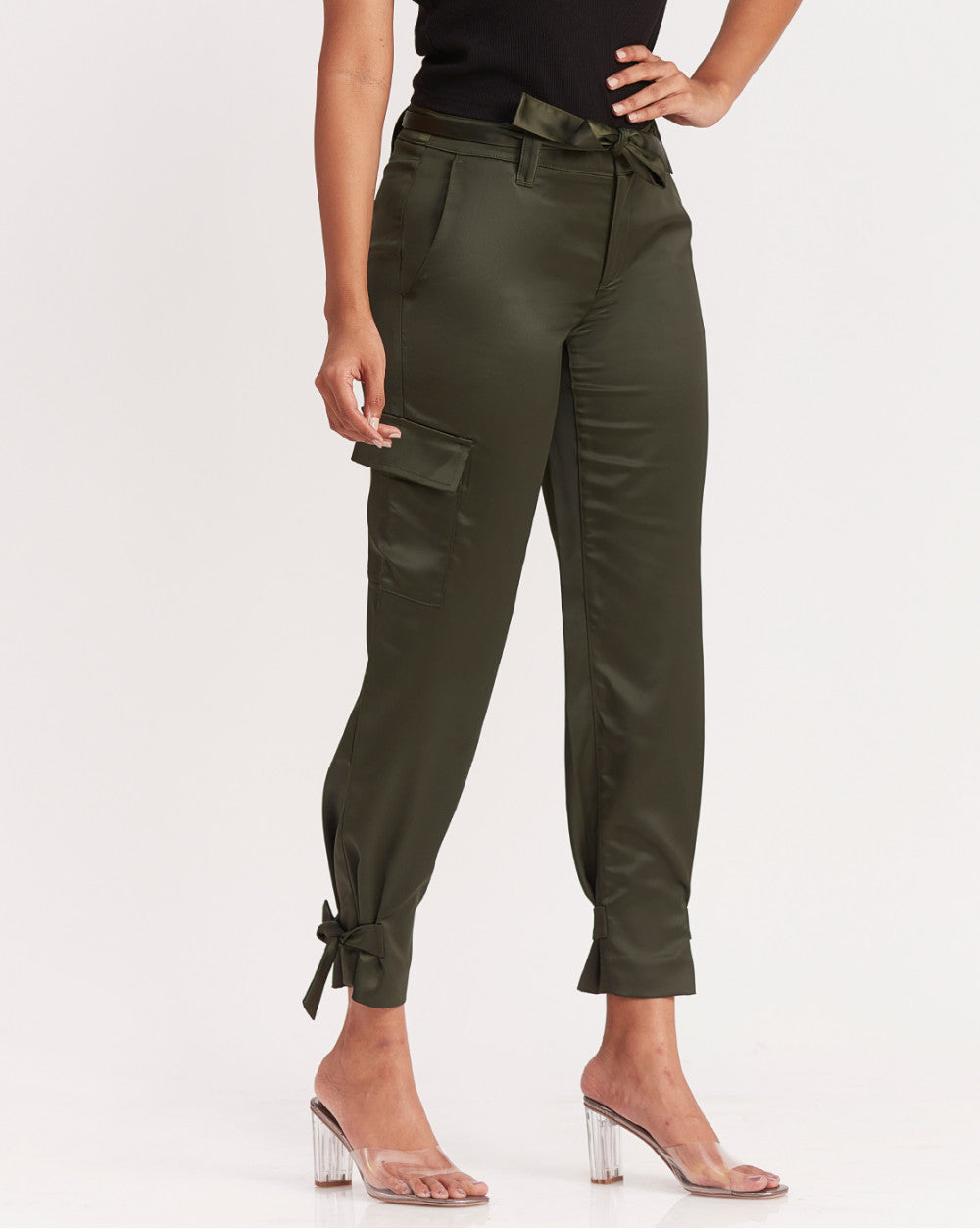 Straight Fit Satin Cargos - Seaweed Green