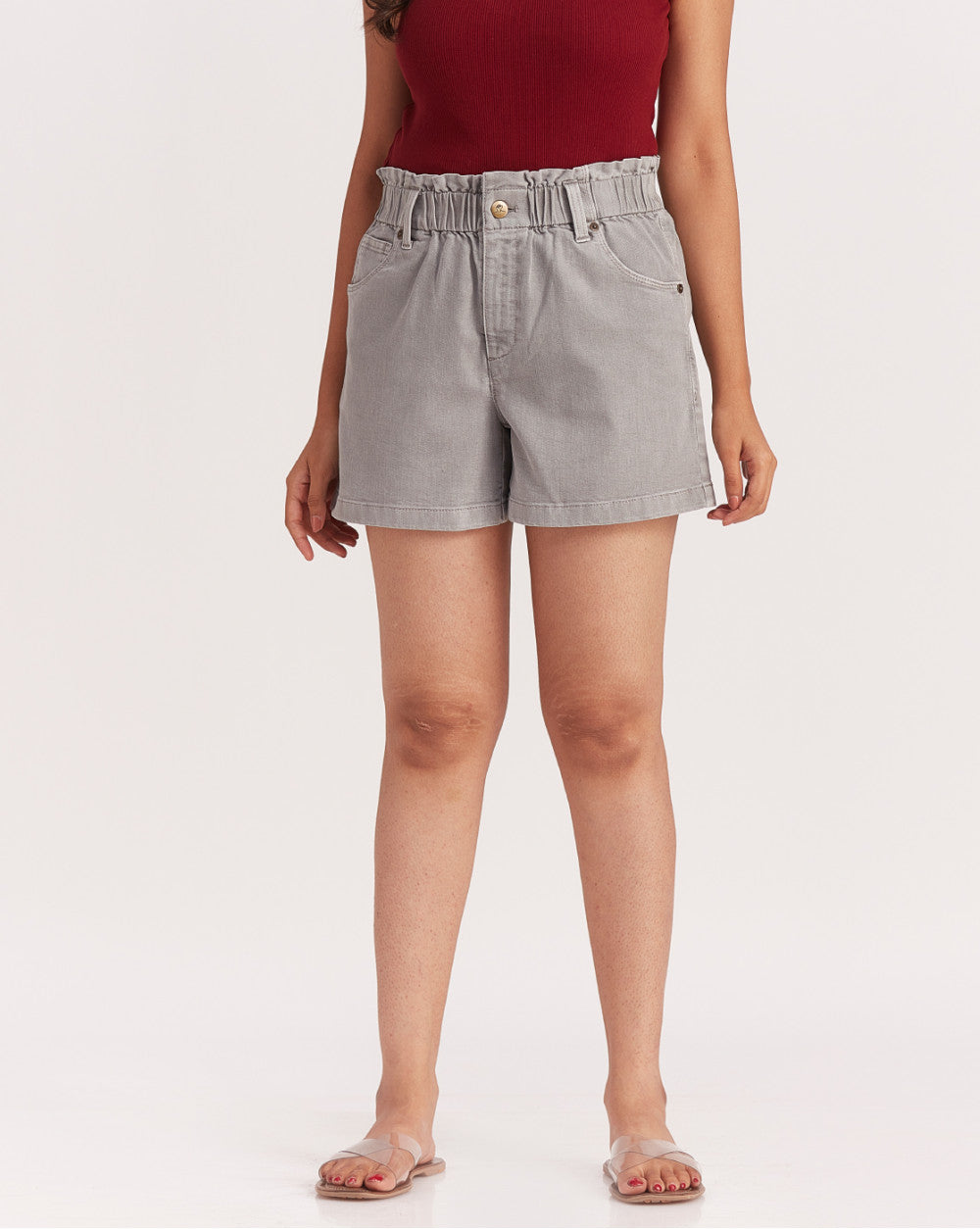 High Waist Paperbag Shorts - Soft Grey