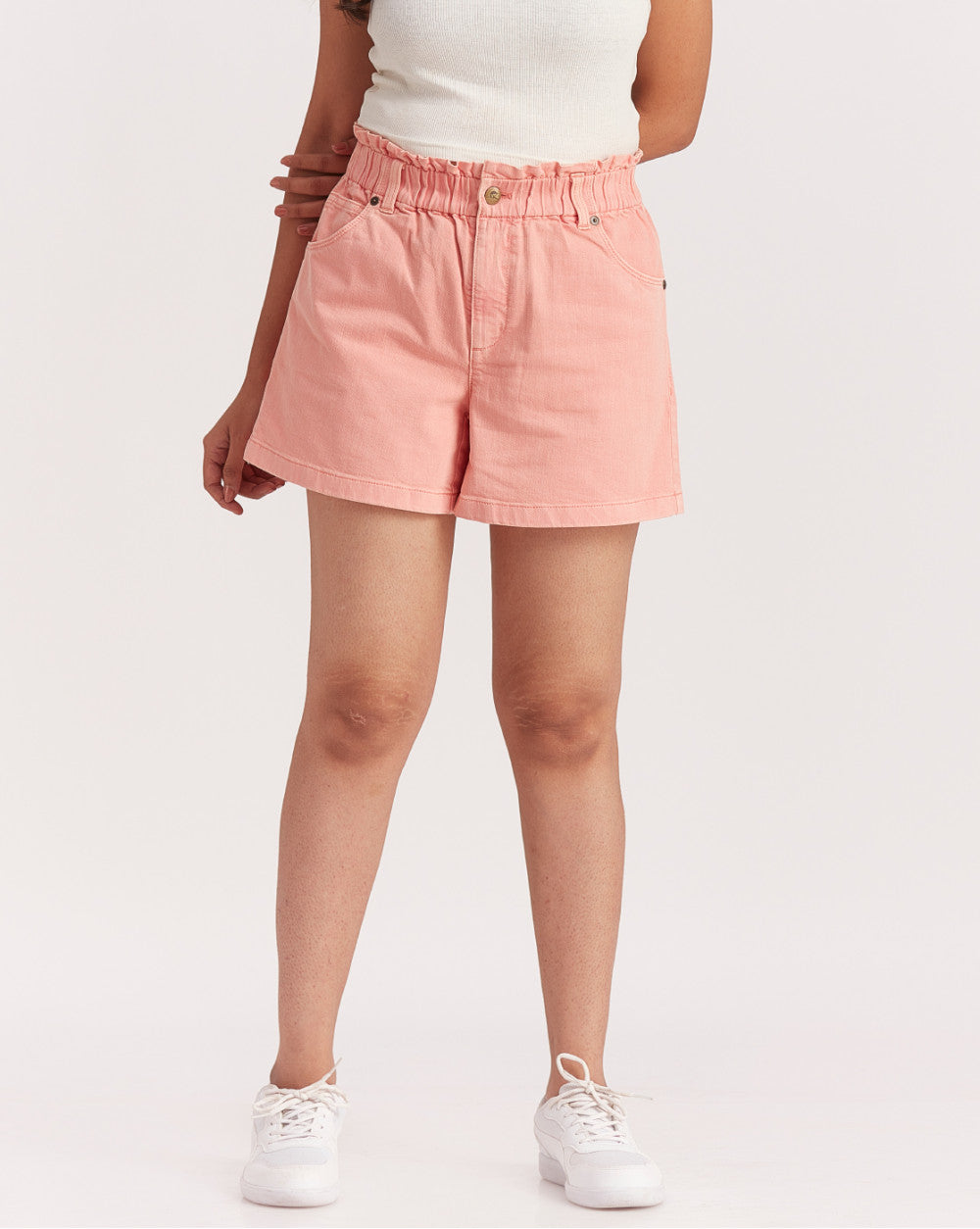 High Waist Paperbag Garment Dyed Shorts - Coral