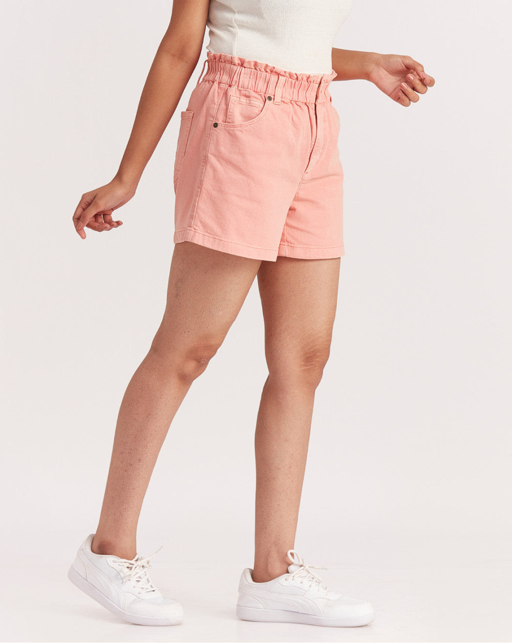 High Waist Paperbag Garment Dyed Shorts - Coral