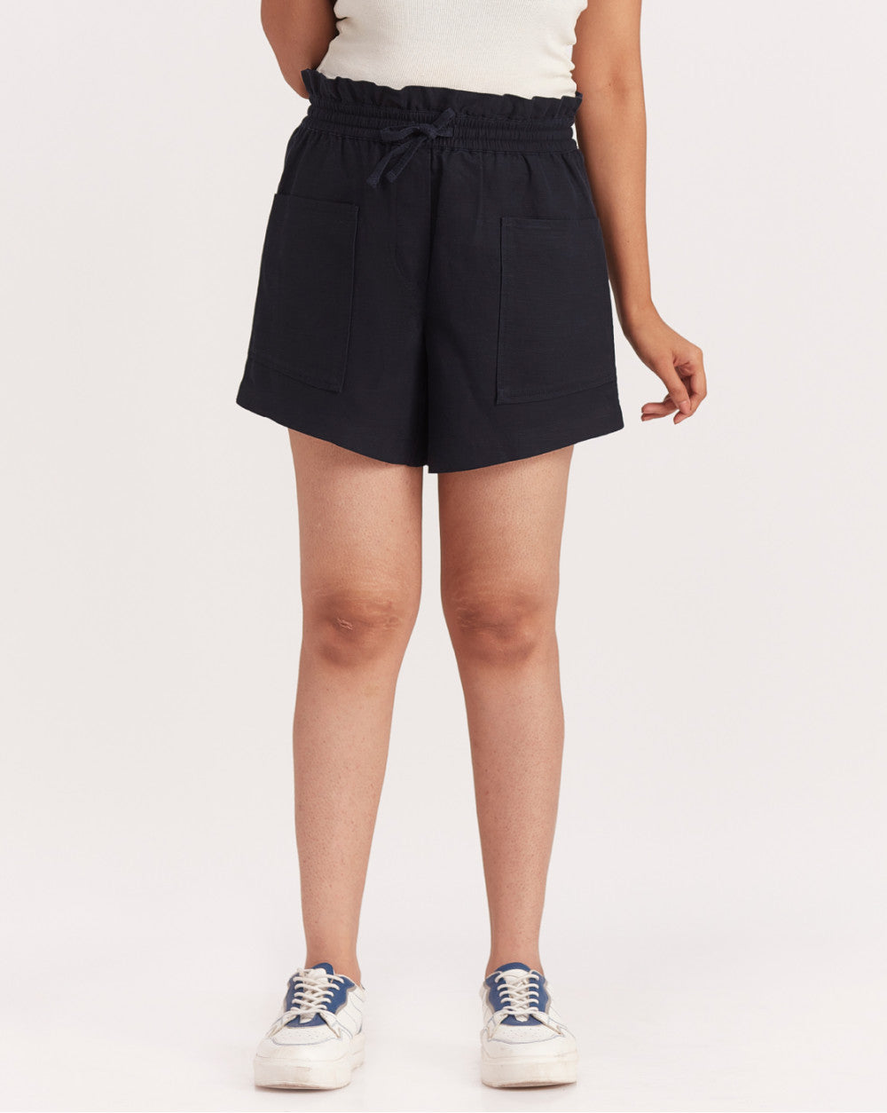 High Waist Linen Blend Paperbag Shorts - Navy