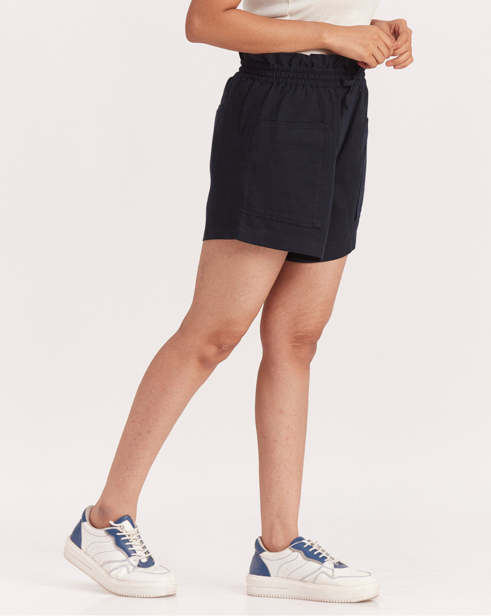 High Waist Linen Blend Paperbag Shorts - Navy