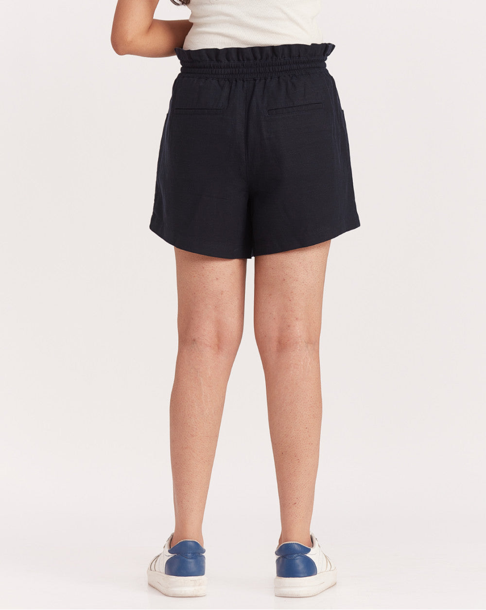 High Waist Linen Blend Paperbag Shorts - Navy