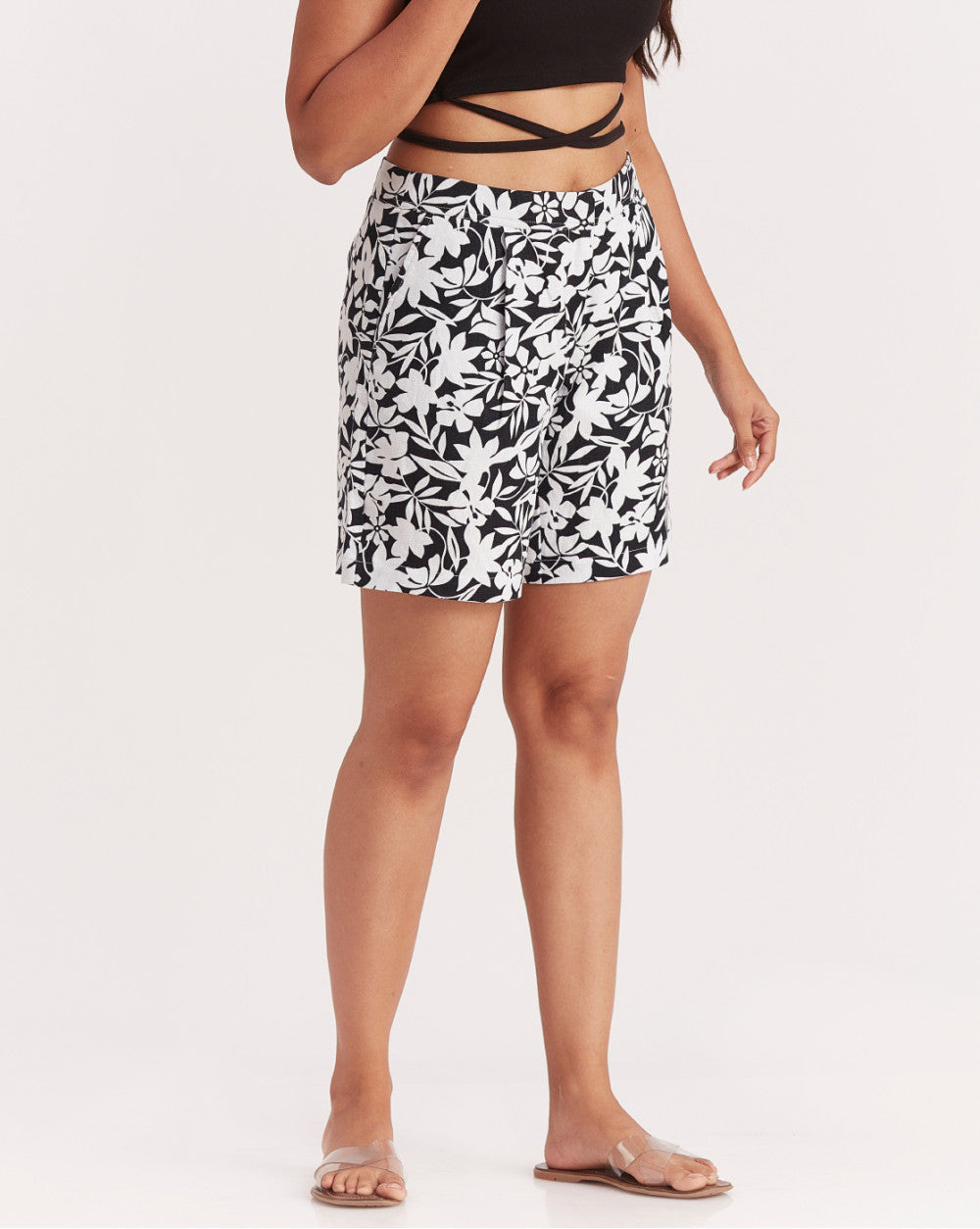 Mid Rise Floral Print Shorts - Black &amp; White Floral Print