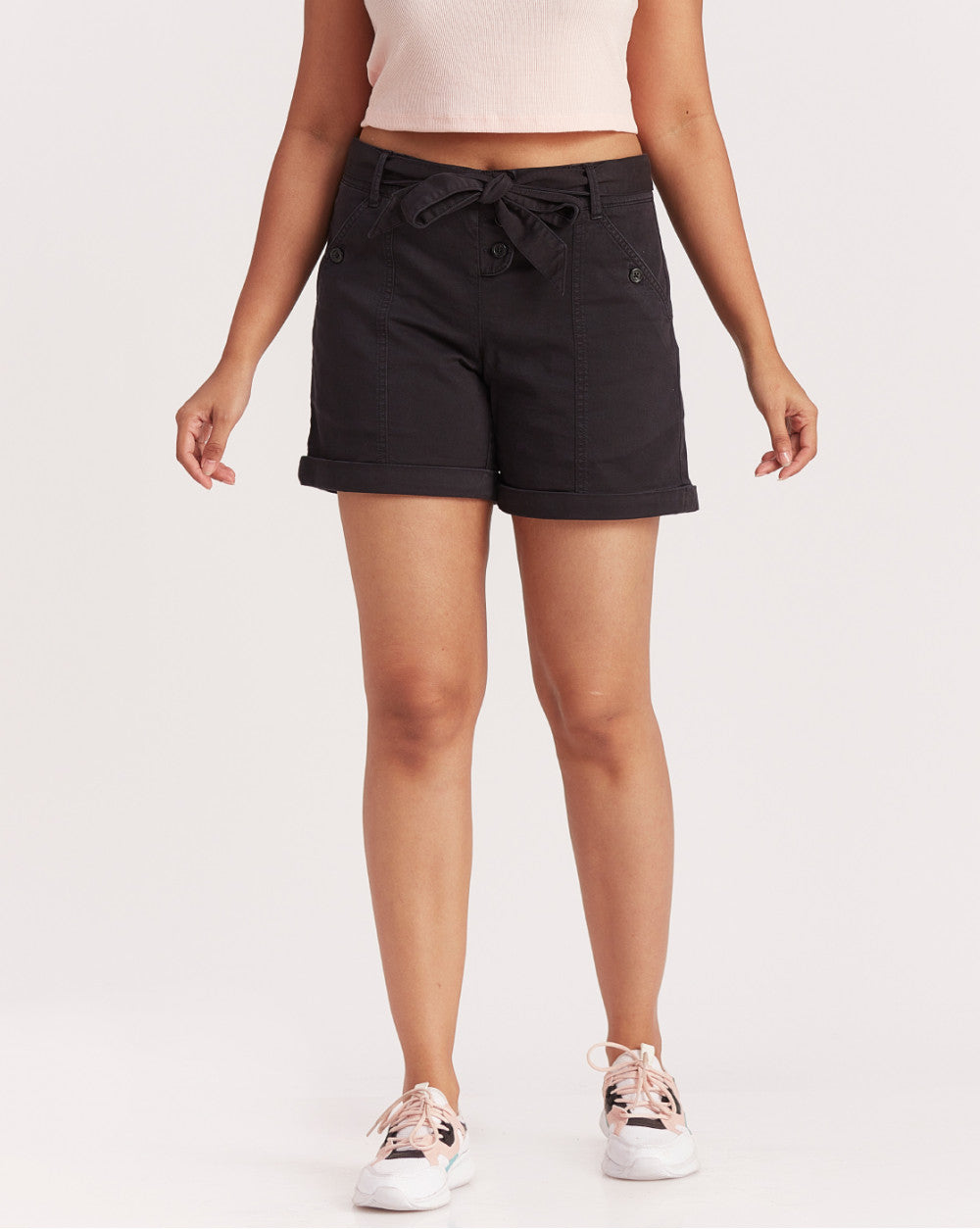 Mid Rise Twill Garment Dyed Casual Shorts - Jet Black