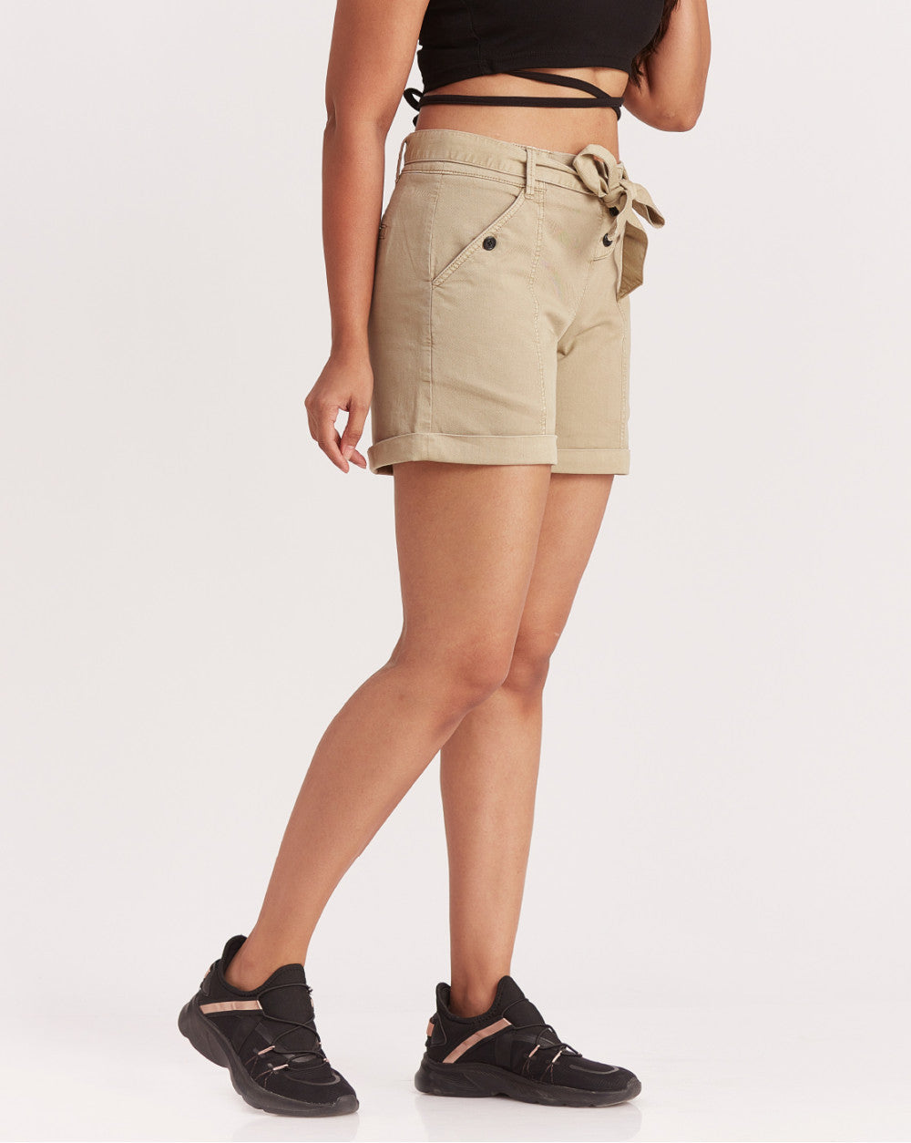 Mid Rise Twill Garment Dyed Casual Shorts - Beige Khaki