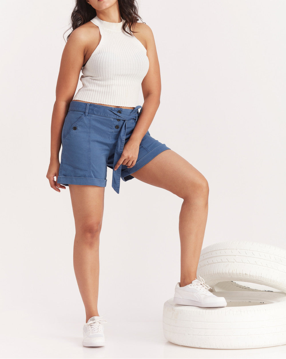 Mid Rise Twill Garment Dyed Casual Shorts - Indigo Navy