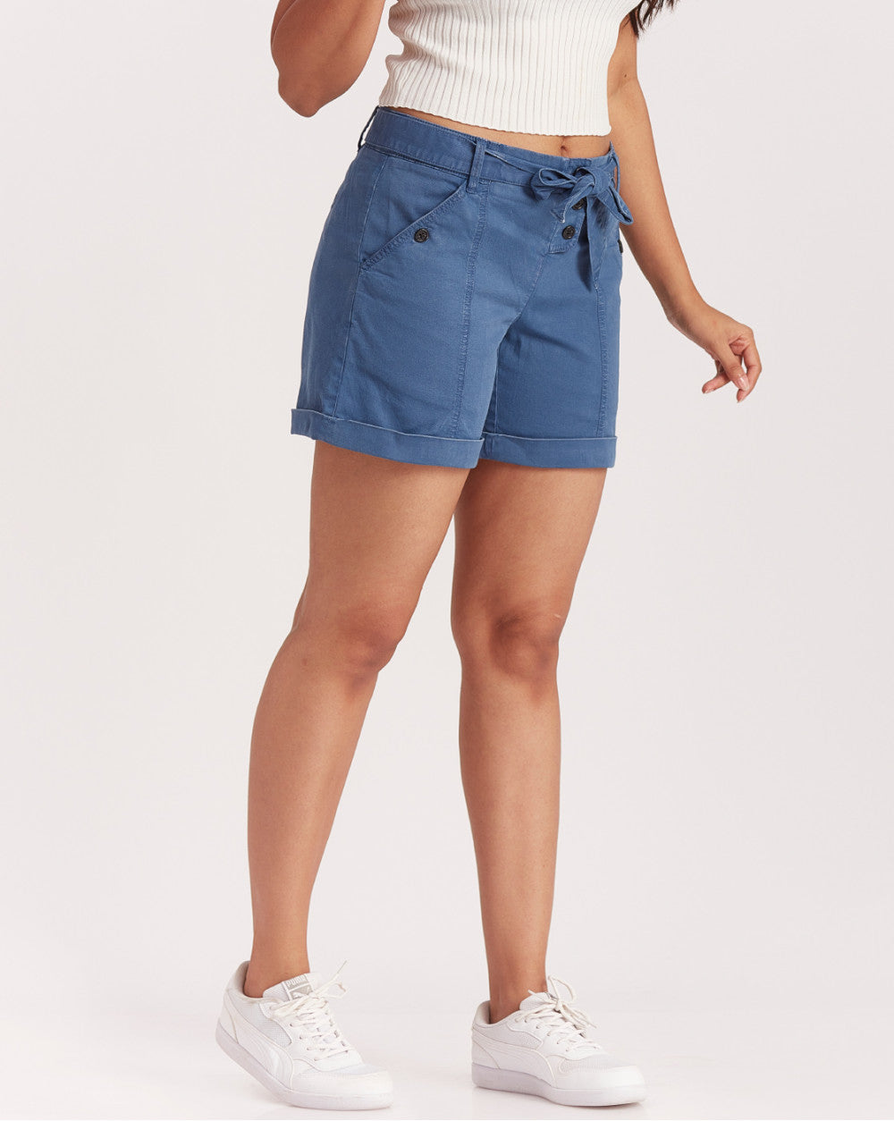 Mid Rise Twill Garment Dyed Casual Shorts - Indigo Navy