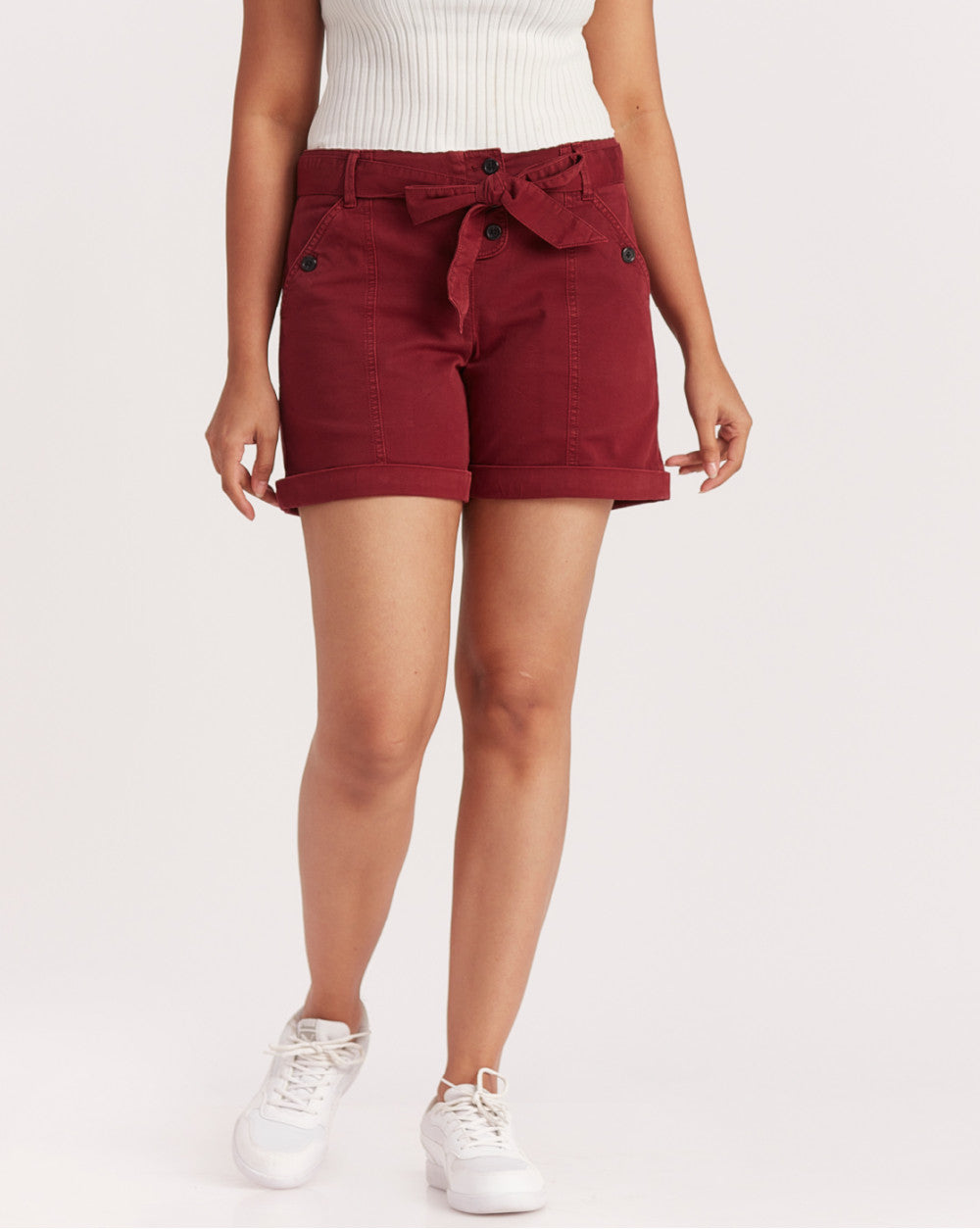 Mid Rise Twill Garment Dyed Casual Shorts - Pomegranate
