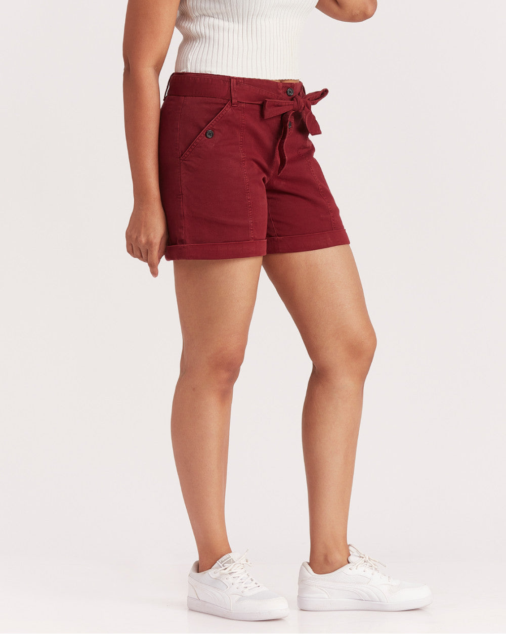 Mid Rise Twill Garment Dyed Casual Shorts - Pomegranate