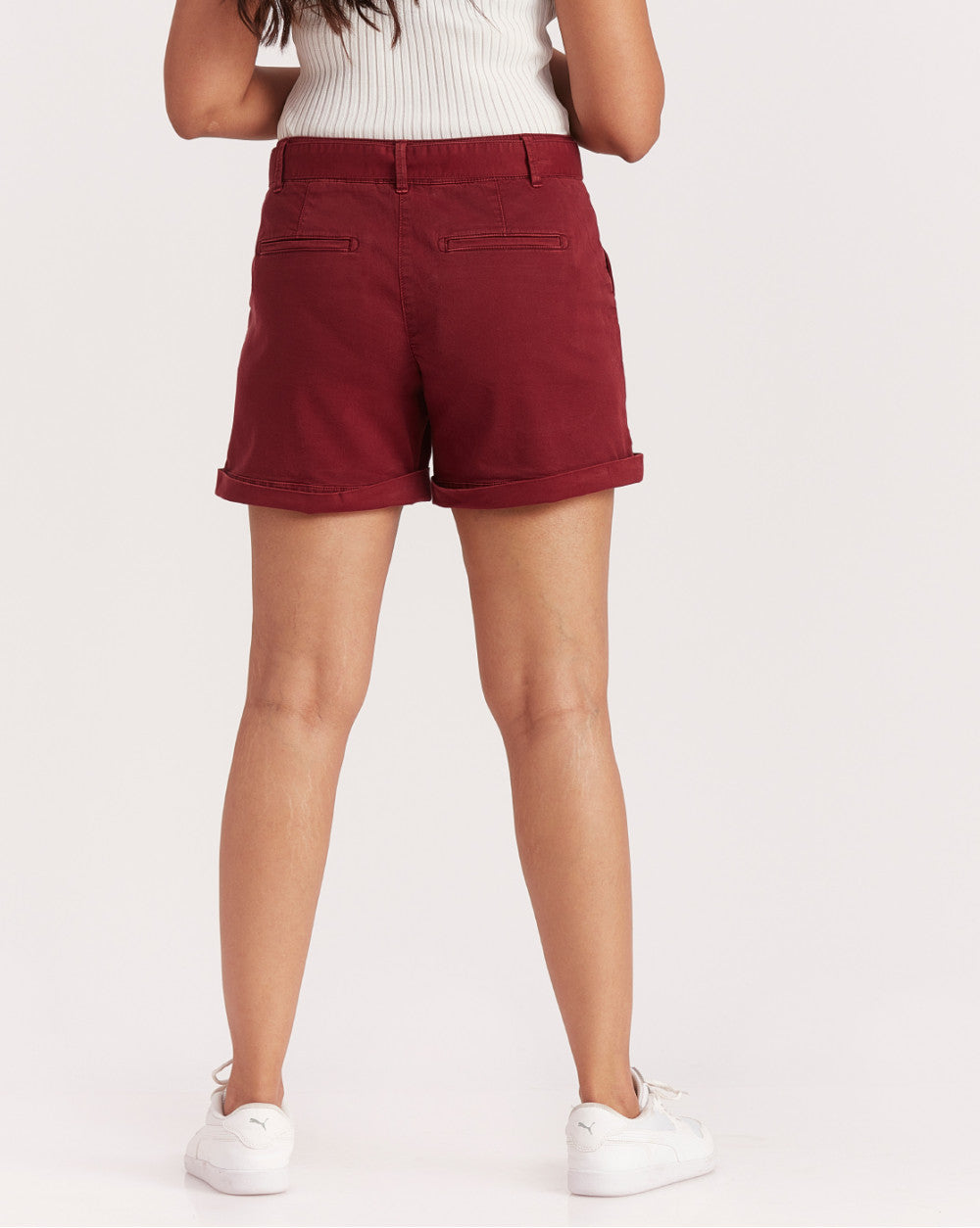 Mid Rise Twill Garment Dyed Casual Shorts - Pomegranate